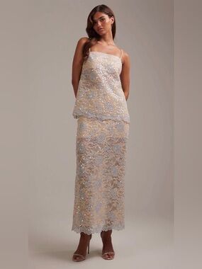 Sequin Lace Two-Piece Maxi Dress in Champagne and Light Blue